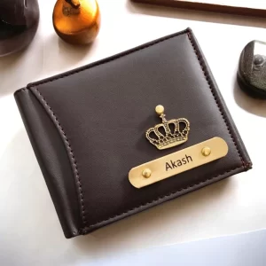 Customized Leather Wallet with Name Plate & Charm - Brown